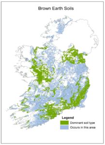 Map of Ireland titled “Brown Earth Soils.” Green areas indicate where brown earth soils are the dominant soil type, while light blue shading shows areas where they also occur. These soils are widely distributed across the south, east, and midlands. County boundaries are outlined in grey, with a legend distinguishing dominant and associated areas.