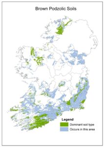Map of Ireland titled “Brown Podzolic Soils.” Green highlighted areas show where brown podzolic soils are dominant, while light blue shading indicates areas where they also occur. The soils are concentrated mainly in the south, southeast, northwest, and parts of the west coast. County boundaries are outlined in grey, with a legend distinguishing dominant and associated areas.