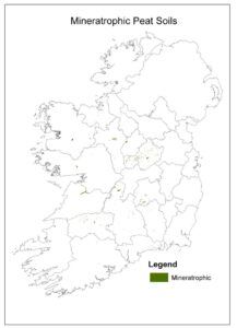 Map of Ireland titled “Mineratrophic Peat Soils.” Small green highlighted areas show the distribution of mineratrophic peat soils scattered across parts of the Midlands, west, and south of the country. County boundaries are outlined in grey, with a legend identifying mineratrophic peat in dark green.