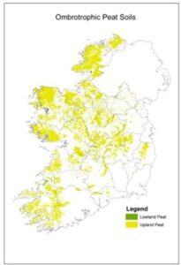 Map of Ireland titled “Ombrotrophic Peat Soils.” Yellow shaded areas indicate the distribution of upland and lowland peat soils, concentrated mainly in the west, northwest, and upland regions of the country. County boundaries are outlined in grey, and the legend distinguishes lowland peat and upland peat using different yellow tones.