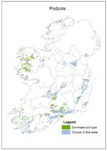 Map of Ireland titled “Podzols.” Green areas indicate where podzol soils are the dominant soil type, while light blue shading shows areas where they also occur. Podzols are mainly distributed in upland and coastal regions of the west, southwest, and southeast. County boundaries are outlined in grey, with a legend distinguishing dominant and associated areas.