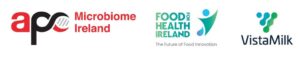 Logo for APC Microbiome Ireland (left), Food for Health Ireland logo (middle), VistaMilk research centre logo (right)