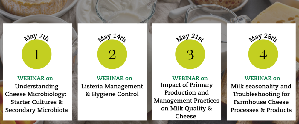 Cheese Science webinar series banner showing four sessions on microbiology, Listeria management, milk production, and seasonality with May dates