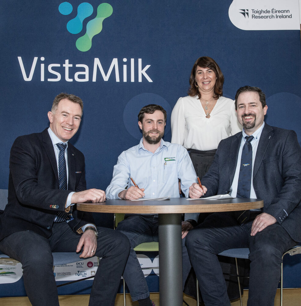 VistaMilk Research Ireland Centre has announced a major new multi-year research programme focused on optimising milking technology to the individual cow. Pictured ata the announcement were: L to R - John Daly, Dairymaster, John Upton, Funded Investigator with VistaMilk and Teagasc Researcher, Raquel Caetano Ferreira, Business Development Manager at VistaMilk and John Harty, CEO of Dairymaster.