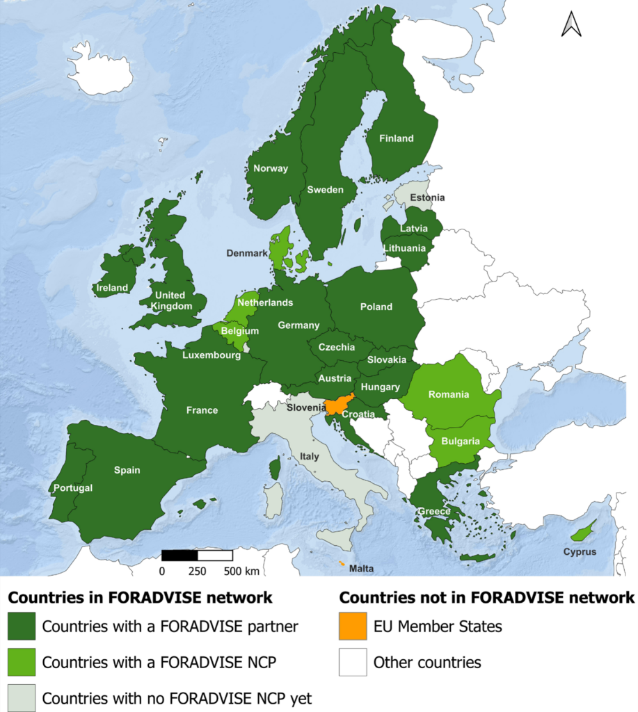 A map of Europe showing countries in the FORADVISE network, color-coded by partner or status
