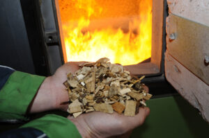 holding wood chips in hands, burning fire in oven in the back