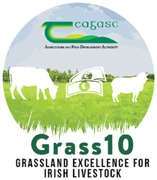 The logo for the Grass10 programme, featuring the Teagasc logo and animated livestock grazing