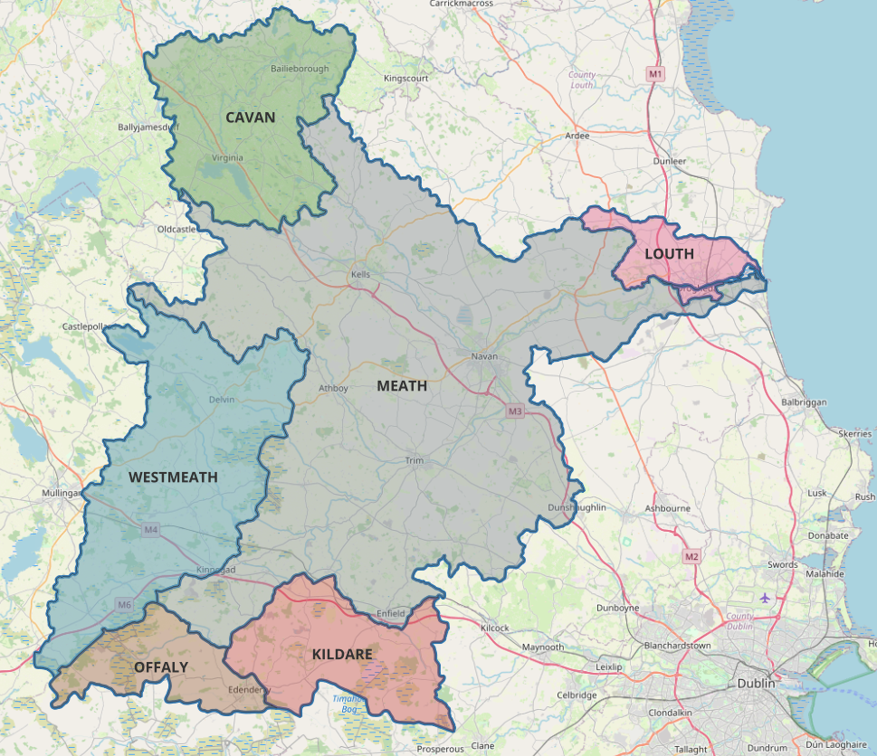 This image shows the county boundaries within the Boyne catchment.