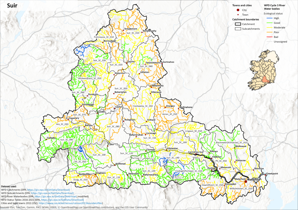 This image shows water quality in the waterbodies part of the Suir catchment in the period 2019-2024
