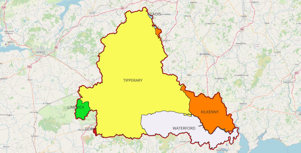 This image shows the county boundaries in the Suir catchment.